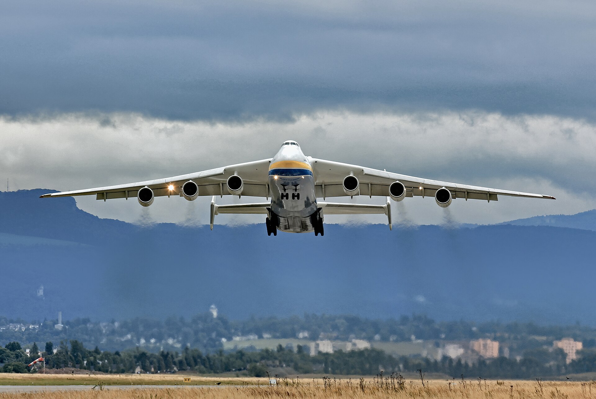 Antonov An-225 Mriya, the world's heaviest airplane, taking off from a runway